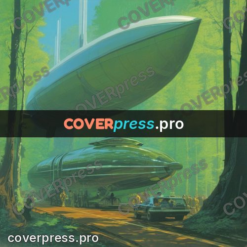 Retro futuristic painting: airship in a green forest