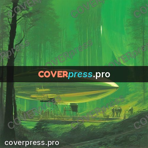 Retro futuristic painting: airship in a green forest