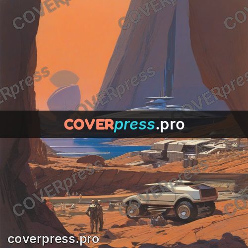Retro futuristic painting: craft in a red canyon