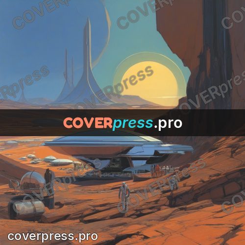 Retro futuristic painting: craft in a red canyon