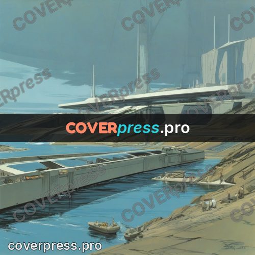 Retro futuristic painting: buildings over calm water