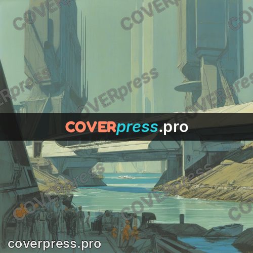 Retro futuristic painting: buildings over calm water