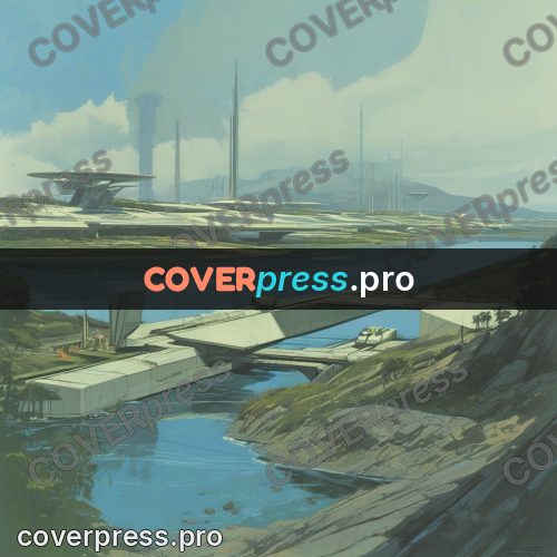 Retro futuristic painting: buildings over calm water