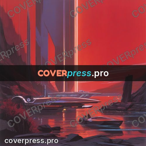 Retro futuristic painting: red gorge with a craft