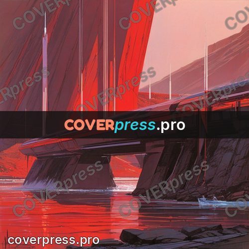 Retro futuristic painting: red gorge with a craft