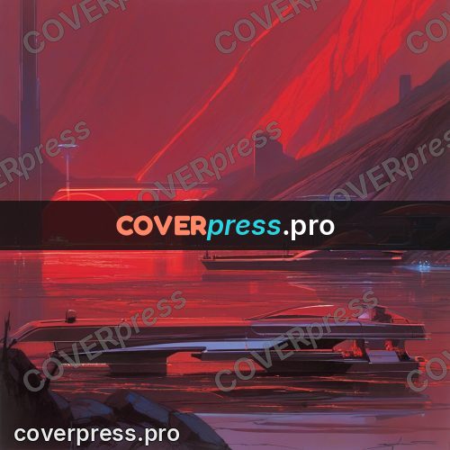 Retro futuristic painting: red gorge with a craft
