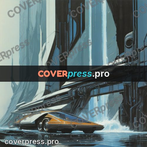 Retro futuristic painting: waterfalls between dark supports
