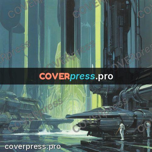 Retro futuristic painting: waterfalls between dark supports