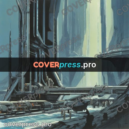 Retro futuristic painting: waterfalls between dark supports