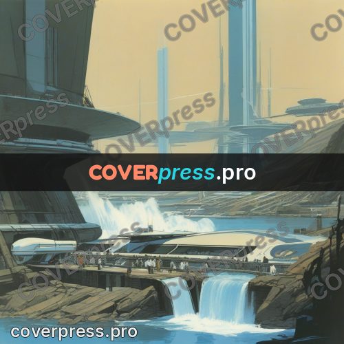 Retro futuristic painting: waterfalls and a mountain bridge
