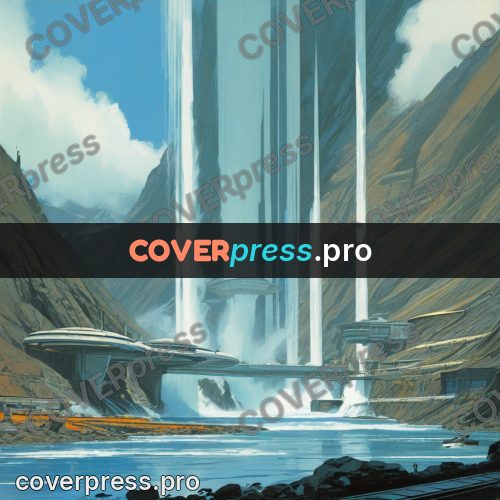 Retro futuristic painting: waterfalls and a mountain bridge