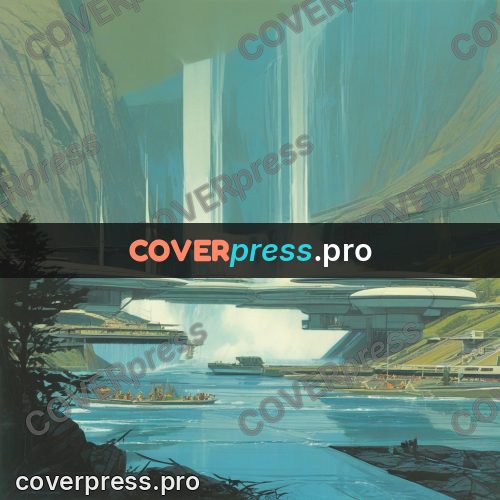 Retro futuristic painting: waterfalls and a mountain bridge