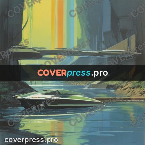 Retro futuristic painting: rainbow over water in a gorge