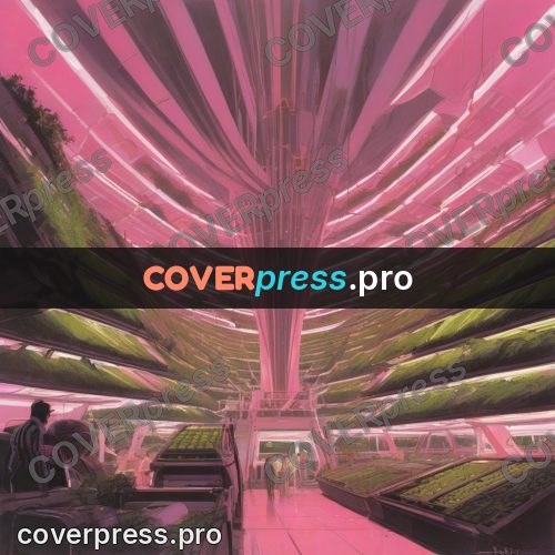 Retro futuristic painting: pink tiers with greenery
