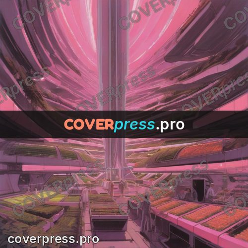 Retro futuristic painting: pink tiers with greenery