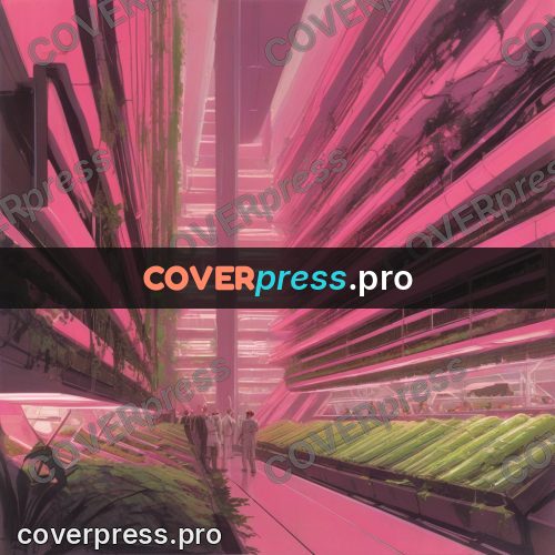Retro futuristic painting: pink tiers with greenery