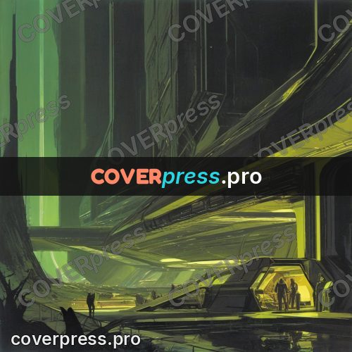 Retro futuristic painting: green hall with structures