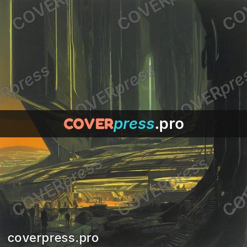 Retro futuristic painting: green hall with structures