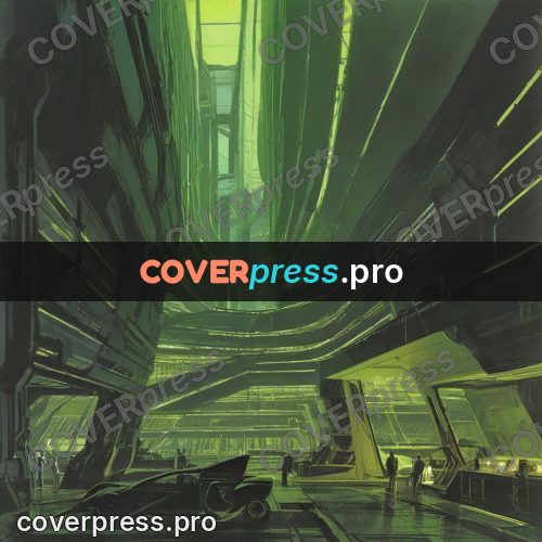 Retro futuristic painting: green hall with structures