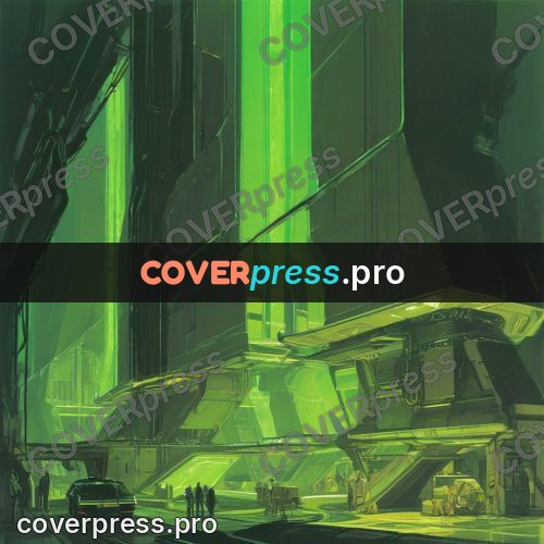 Retro futuristic painting: green hall with a craft