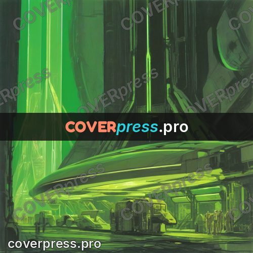 Retro futuristic painting: green hall with a craft