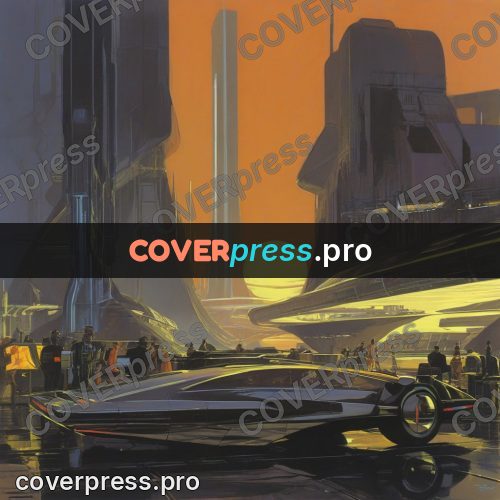 Retro futuristic painting: street with a car and towers
