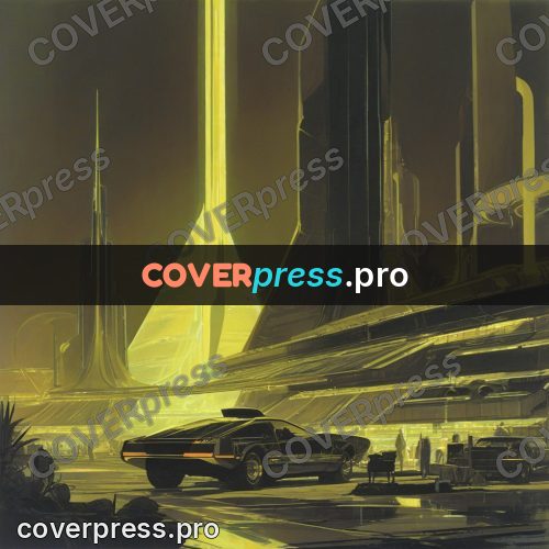 Retro futuristic painting: street with a car and towers
