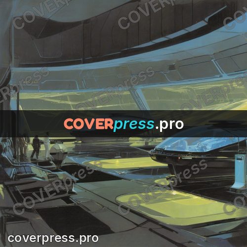 Retro futuristic painting: control hall with consoles