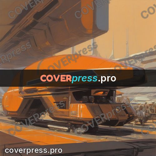 Retro futuristic painting: orange craft on rails