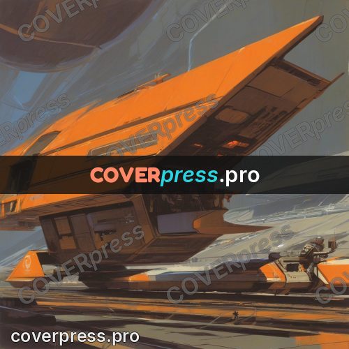 Retro futuristic painting: orange craft on rails