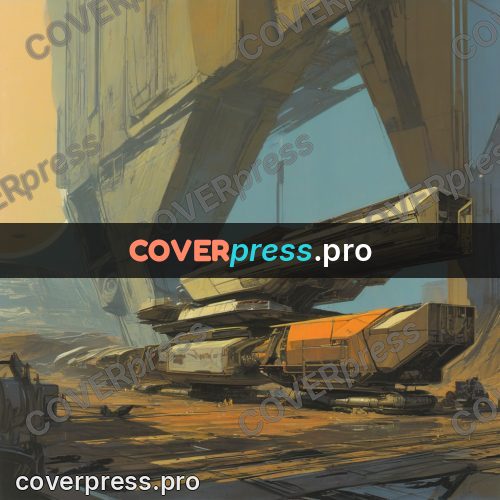 Retro futuristic painting: angular craft under supports
