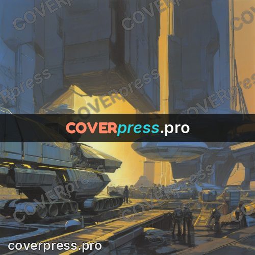Retro futuristic painting: angular craft under supports
