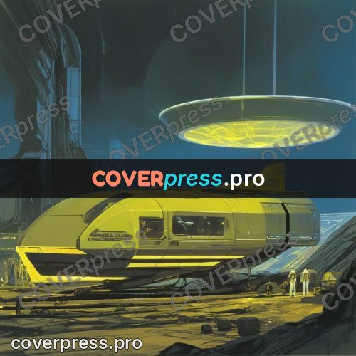 Retro futuristic painting: yellow craft with a disc