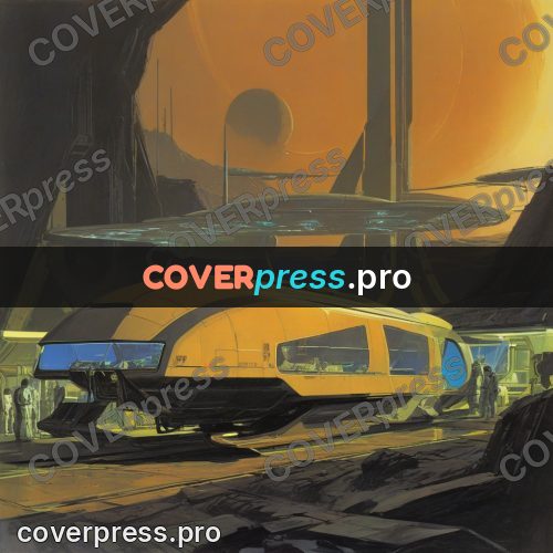 Retro futuristic painting: yellow craft with a disc