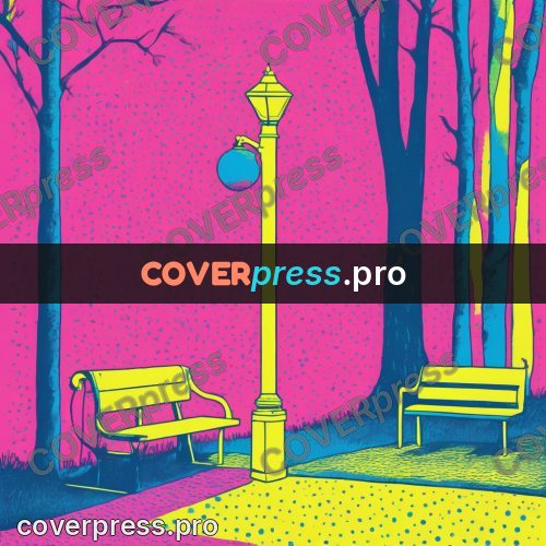 Risograph illustration: lamp and bench in a park