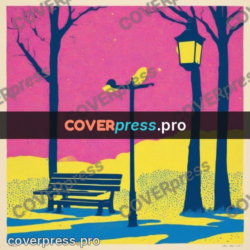 Risograph illustration: lamp and bench in a park