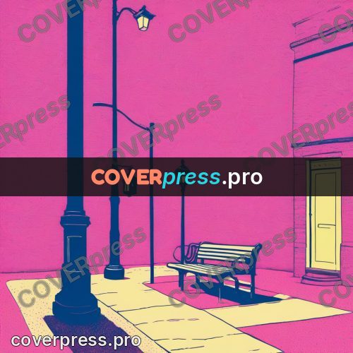 Risograph illustration: lamp and bench in a park