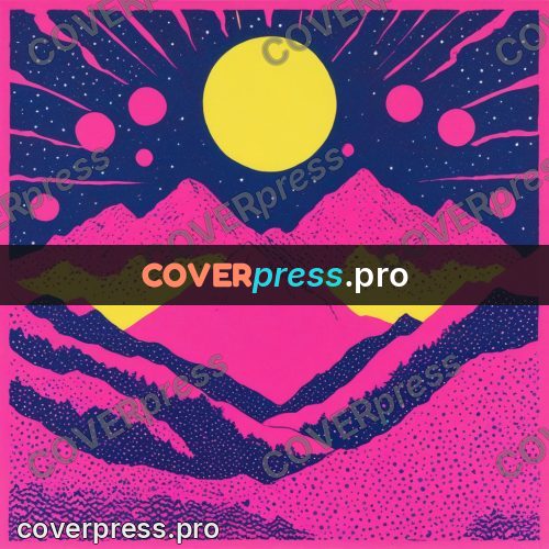 Risograph illustration: mountains under a disc of sun