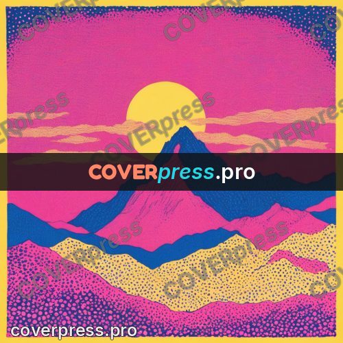 Risograph illustration: mountains under a disc of sun