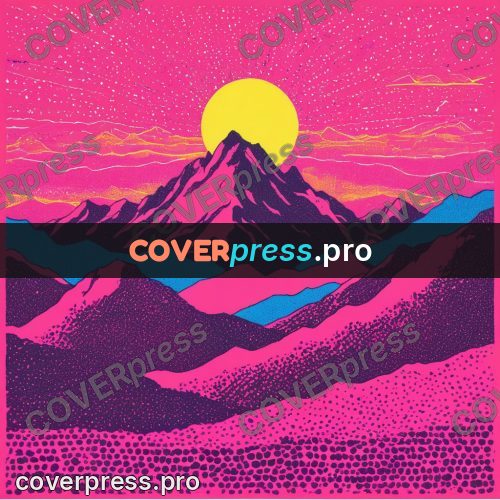 Risograph illustration: mountains under a disc of sun