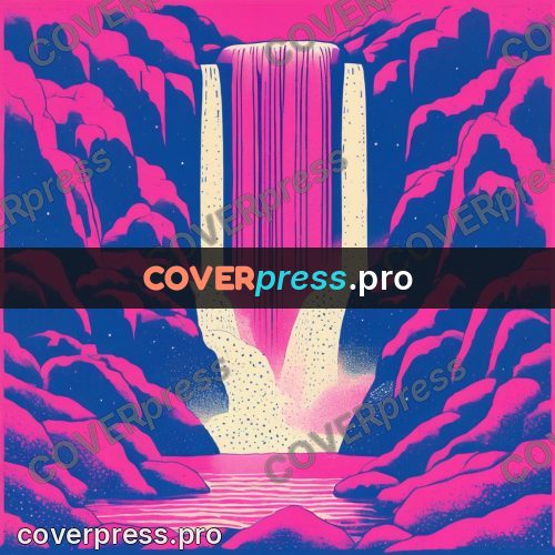 Risograph illustration: waterfall among the rocks