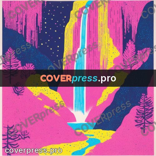 Risograph illustration: waterfall among the rocks
