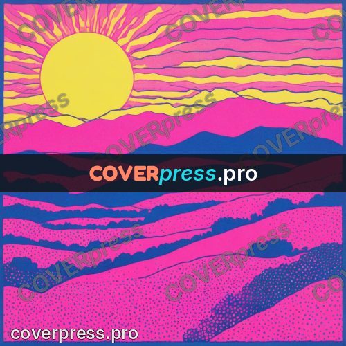 Risograph illustration: sun above rolling hills