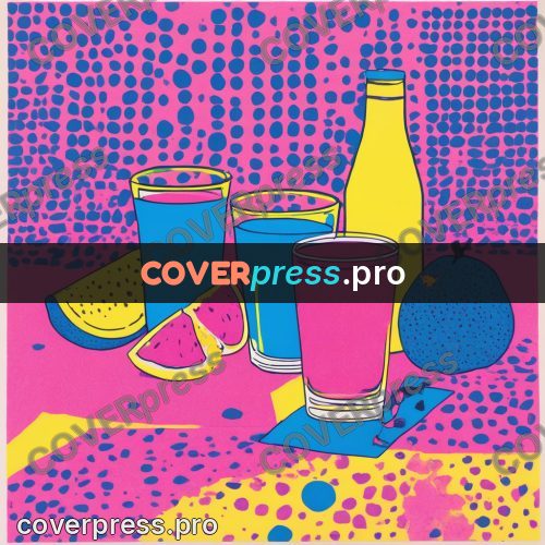Risograph illustration: glass of juice and fruit