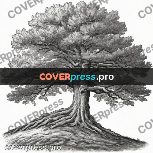 Scratchboard drawing: spreading oak with roots