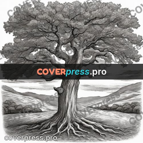 Scratchboard drawing: spreading oak with roots