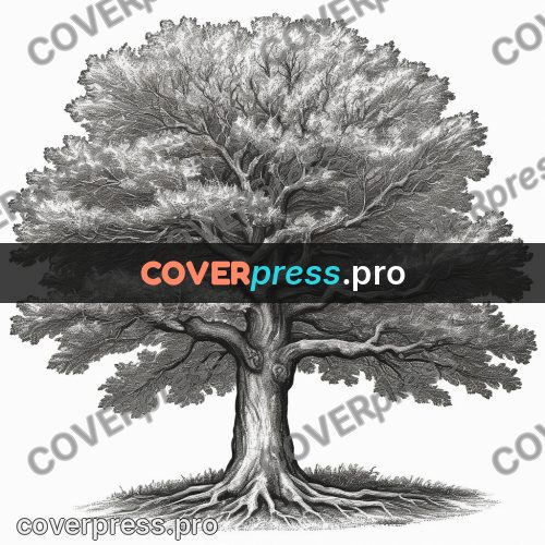 Scratchboard drawing: spreading oak with roots