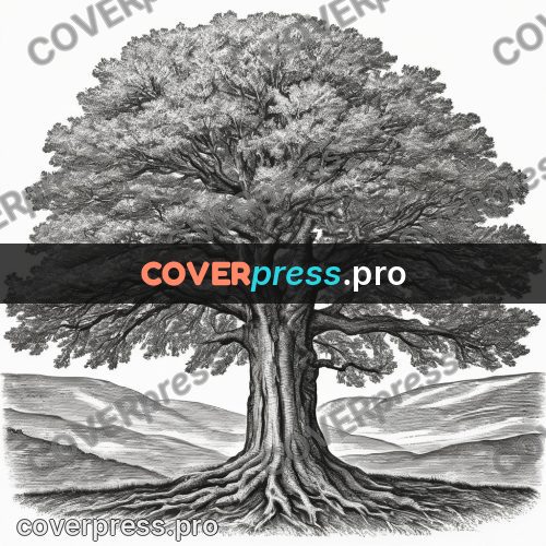 Scratchboard drawing: spreading oak with roots
