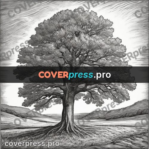 Scratchboard drawing: spreading oak with roots