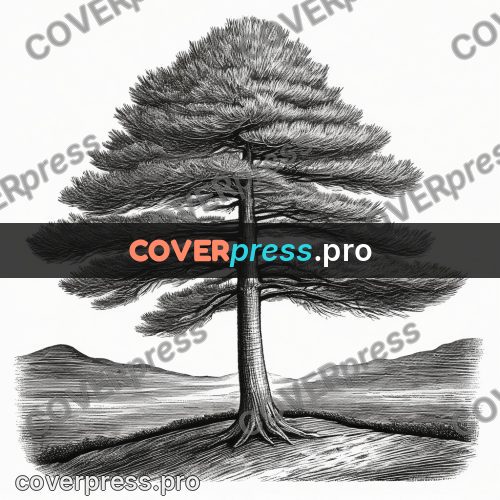 Scratchboard drawing: tall pine with tiered branches
